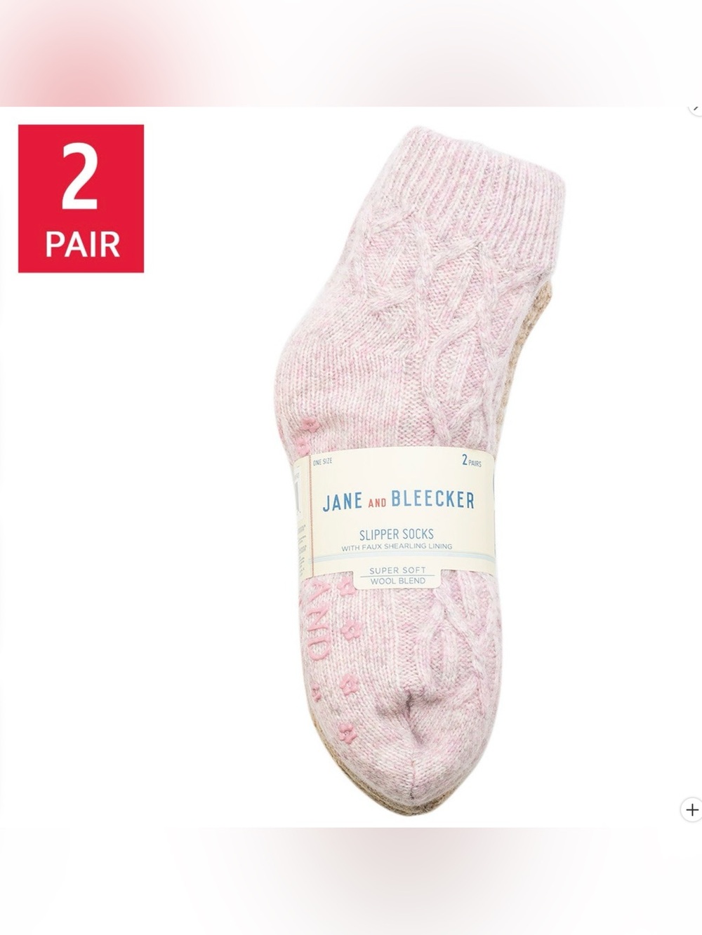 Jane and Bleecker Light Pink Cable Knit Slipper Socks - 2 Pack